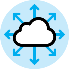 Flexible Scalale Infrastructure vector icon of a cloud with arrows pointing outward from it in all directions